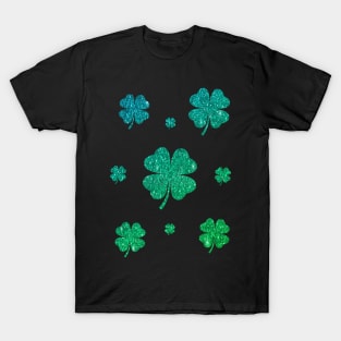 St Patricks Day, Ombre Green 4 Leaf Faux Glitter Clovers T-Shirt